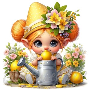 Gnomo con limonada / 10 JPEG de alta calidad de 300 DPI para uso comercial, diseño de niña linda con limón, fruta de verano, primavera, fantasía, decoración
