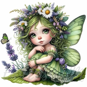 Clipart fée floraison moussue | 10 fichiers JPEG 300 ppp de haute qualité à usage commercial lunatique jolie fille de fleur fantaisie décor de jardin de printemps boisé