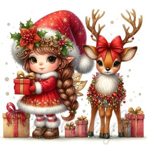 Clipart di renne, fatine e gnomi / 10 JPEG di alta qualità a 300 DPI per uso commerciale, fatina magica di Natale, bambina carina, clipart di cervi