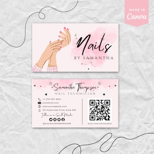 Modello biglietto da visita Codice QR / Pink Nail Tech Biglietti da visita modificabili per salone di nail artist Modello Canva Biglietto rosa personalizzato per tecnico delle unghie