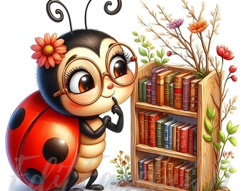 May include: A cartoon ladybug wearing glasses and a flower on her head is looking at a wooden bookshelf filled with books. The bookshelf is surrounded by small green plants and flowers.