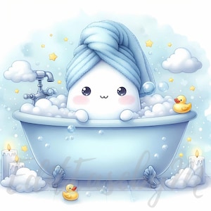 Clipart de fantasma de baño de burbujas / 10 JPEG de alta calidad de 300 DPI para uso comercial, estilo kawaii, spa, pastel, fantasía linda, Halloween, espíritu, diario basura, decoración