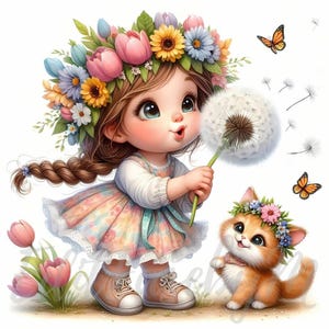 Cat Friend Blossom Gnome Clipart / 10 JPEG di alta qualità a 300 DPI per uso commerciale, clip art di ragazza con fiori primaverili carini e stravaganti, decorazioni fantasy