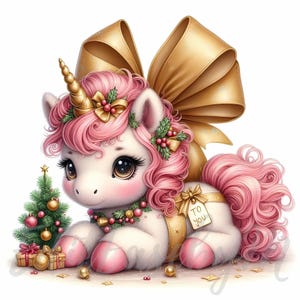 Clipart de unicornio en caja de regalo / 10 JPEG de alta calidad de 300 DPI para uso comercial, decoración navideña kawaii rosa, caprichosa y linda para diario basura