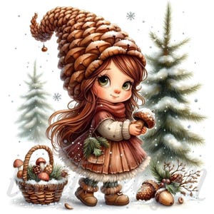 Clipart di gnomi del bosco di pigne / 10 JPG di alta qualità a 300 DPI Uso commerciale Decorazione di clip art natalizia di una ragazza carina del paese delle meraviglie invernale stravagante