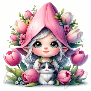 Clipart nain tulipe ami chat | 10 fichiers JPG 300 ppp de haute qualité à usage commercial lunatique jolie fille printemps jardin chaton clipart fantaisie décor