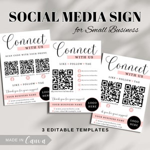 Social Media Sign for Small Business | Canva Template QR Code Sign Connect With Us Sign Follow Us Sign Social Media QR Code Business Sign