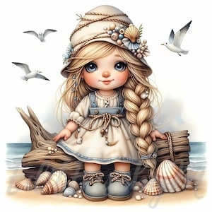 Clipart di gnomo conchiglia / 10 JPEG di alta qualità a 300 DPI per uso commerciale, ragazza carina e stravagante, decorazione tropicale estiva, isola fantasy, mare
