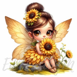 Clipart fée tournesol | 10 fichiers JPEG 300 ppp de haute qualité à usage commercial lunatique jolie fille florale fantaisie printemps jardin kawaii décoration d'été