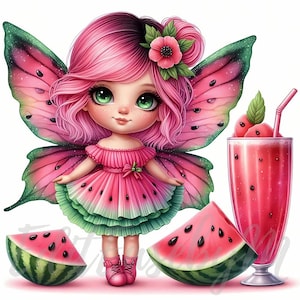 Clipart lutin pétillant pastèque | 10 fichiers JPEG 300 ppp de haute qualité à usage commercial lunatique jolie fille fée fantaisie été kawaii fruits décor