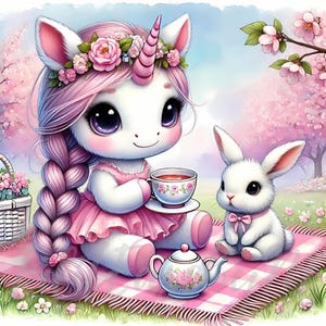 Frühlings-Picknick-Einhorn Clipart | 10 hochwertige 300 DPI JPEGs Kommerzielle Nutzung Niedlicher Blumen Baby Einhorn Verzauberter Gartenhase Clip Art Dekor