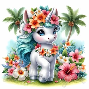 Tropical Blossom Unicorn Clipart | 10 High-Quality 300 DPI JPEGs Commercial Use Floral Summer Garden Cute Baby Unicorn Clip Art Kawaii Decor