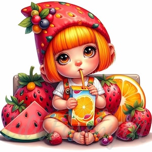 Clipart de nain de fruits juteux | 10 fichiers JPEG 300 ppp de haute qualité à usage commercial lunatique jolie fille d'été jus d'orange pastèque fraise décor