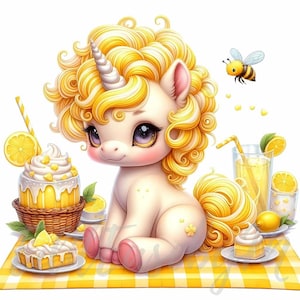 Clipart de unicornio exuberante de limonada / 10 JPEG de alta calidad de 300 DPI para uso comercial, fantasía amarilla caprichosa, lindo unicornio bebé, decoración de frutas kawaii