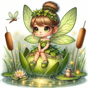 May include: A green fairy with brown hair and large green eyes sits on a large green lily pad. She has large green wings and is wearing a green dress with a white lace trim. A small green frog sits on a lily pad in the water below.