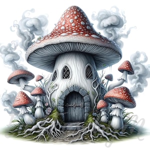Clipart maison de fée tombale champignon vénéneux | 10 fichiers JPEG 300 ppp de haute qualité à usage commercial, décoration d'Halloween, chalet de champignon gothique, forêt hantée