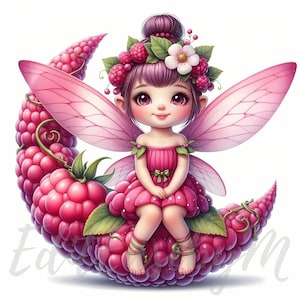 Imágenes prediseñadas de Sprite de Frambuesa Acertijo / 10 JPEG de alta calidad de 300 DPI para uso comercial, fantasía de niña linda y caprichosa, primavera, fantasía, fruta, verano, decoración