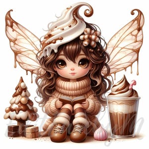 Clipart de Hada Amante de los Libros de Cocoa / 10 imágenes JPEG de alta calidad de 300 DPI para uso comercial: Niña linda y caprichosa leyendo, acogedora decoración navideña de invierno