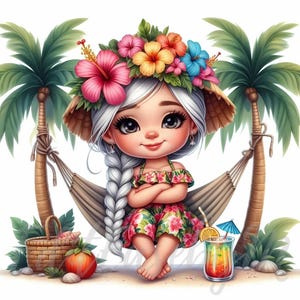 Clipart gnome brise tropicale (fr) | 10 JPEG 300 DPI de haute qualité à usage commercial Floral hawaïen jolie fille plage d'été Hibiscus Clip Art déco