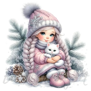 Clipart nain ami chat du pays des merveilles d'hiver | 10 images JPEG 300 ppp de haute qualité, usage commercial, clipart rose magique, jolie fille, vacances de Noël