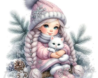Winter Wonderland Cat Friend Gnome Clipart | 10 High-Quality 300 DPI JPEGs Commercial Use Magical Pink Christmas Holiday Cute Girl Clip Art