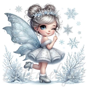 Clipart de hada de copos escarchados / 10 JPEG de alta calidad de 300 DPI para uso comercial, imágenes prediseñadas de niña de invierno linda y navideña con decoración de nieve fantástica