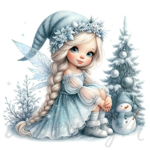 Clipart fée hiver flocon de neige | 10 fichiers JPG 300 ppp de haute qualité à usage commercial, clipart de Noël fantaisiste, vacances d'art numérique imprimables