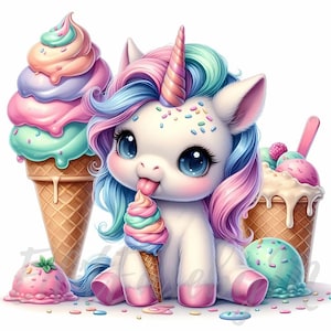 Ice Cream Dream Unicorn Clipart | 10 wysokiej jakości 300 DPI JPEGs do użytku komercyjnego Fantazyjny letni deser Słodki dziecięcy jednorożec Clip Art Decor