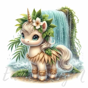 Clipart Licorne murmure à la noix de coco | Art lunatique bébé tropical bohème licorne clipart décoration d'été
