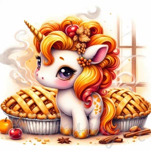 Clipart de unicórnio de torta de colheita | 10 adesivos digitais de alta qualidade em JPG de 300 DPI para uso comercial, fofos e aconchegantes de outono, Kawaii, para diário de lixo