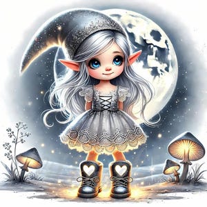 Clipart di gnomo illuminato dalla luna / 10 JPEG di alta qualità a 300 DPI per uso commerciale, clip art di una ragazza carina e argentata, decorazione magica e stellata per San Valentino