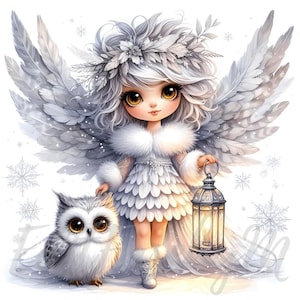 Clipart fée hibou des neiges | 10 fichiers JPEG 300 DPI de haute qualité à usage commercial Winter Wonderland Jolie fille Noël magique Harfang des neiges Clip Art déco