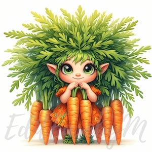 Sprite de pousses de carottes | 10 fichiers JPEG 300 ppp de haute qualité à usage commercial lunatique mignon nain de jardin fille clipart Kawaii printemps Pâques
