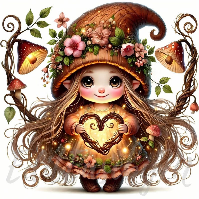 Peut inclure: Une illustration fantaisiste d'une fée aux longs cheveux bruns, portant un chapeau de champignon brun orné de fleurs roses. Elle tient une couronne en forme de cœur incandescente dans ses mains. La fée est entourée de champignons et de vignes incandescents.
