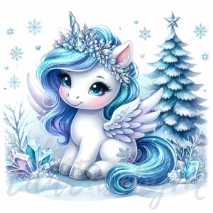 Clipart de unicornio de invierno en el país de las maravillas / 10 JPEG de alta calidad de 300 DPI para uso comercial Ilustración de fantasía de invierno Unicornio navideño Diario basura