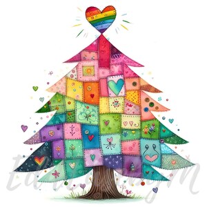 May include: A vibrant illustration of a Christmas tree made from patchwork squares. The squares are in shades of pink, orange, yellow, green, and blue. A rainbow heart sits atop the tree. Hearts and floral details are scattered around.