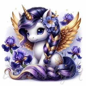 May include: A white unicorn with purple and gold braided hair, golden wings, and a gold horn. The unicorn is surrounded by purple iris flowers.