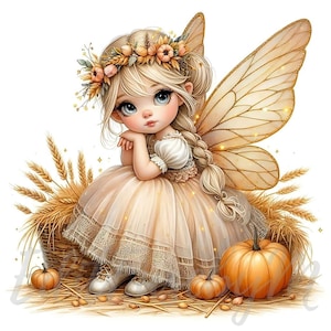 May include: A digital illustration of a fairy with blonde hair, large blue eyes, and golden wings. She wears a beige dress and sits near a basket of wheat, pumpkins, and straw. A floral crown adorns her head.