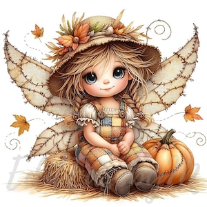 Clipart fée épouvantail en patchwork | 10 fichiers JPG 300 ppp de haute qualité à usage commercial, fantaisiste, jolie fille, automne, récolte fantastique, décoration rustique kawaii