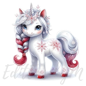 Clipart de unicornio navideño / 10 JPEG de alta calidad de 300 DPI para uso comercial, lindo unicornio bebé con copos de nieve para vacaciones de invierno