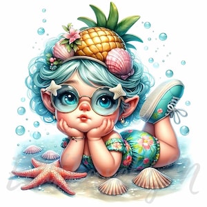 Clipart di gnomi TropiLuna / 10 JPEG di alta qualità a 300 DPI per uso commerciale, decorazioni estive kawaii tropicali e fantasiose per ragazze carine e isolane