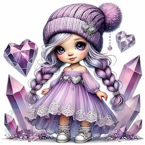 Clipart Nain Dreamweaver | 10 fichiers JPEG 300 ppp de haute qualité à usage commercial lunatique rêveur violet jolie fille clipart magique décoration de la Saint-Valentin