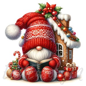 Clipart Père Noël nain de Noël | 10 fichiers JPEG 300 ppp de haute qualité à usage commercial maison scandinave confortable en pain d'épice pour les vacances d'hiver