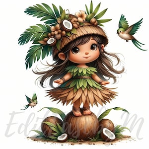 Gnomo con brisa de palmera (10 imágenes JPEG de alta calidad de 300 DPI para uso comercial), decoración hawaiana de verano, linda chica, coco, playa, kawaii