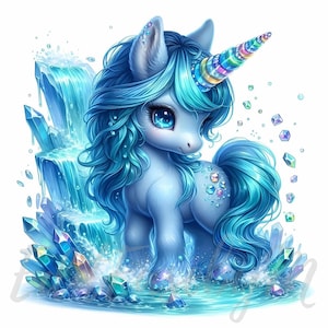May include: A blue unicorn with a rainbow horn stands in a pool of water surrounded by blue crystals. The unicorn has a blue mane and tail and is looking to the right.