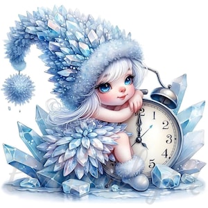 Frozen Time Gnome-clipart | 10 hoogwaardige 300 dpi jpeg's commercieel gebruik ijzige klok schattig meisje winter wonderland kerst digitale illustraties
