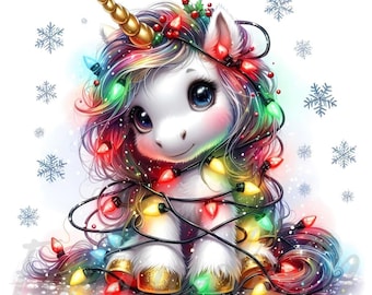 May include: A white unicorn with a rainbow mane and tail is wrapped in colorful Christmas lights. The unicorn has a gold horn and is sitting on a white background with snowflakes.