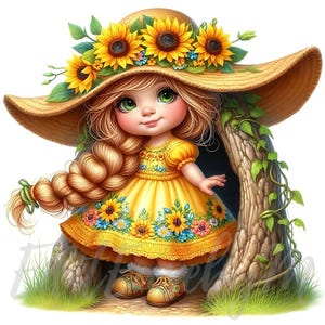 Clipart Nain sauge rayon de soleil | 10 fichiers JPEG 300 ppp de haute qualité à usage commercial lunatique tournesol jolie fille bohème été printemps fantaisie décor