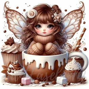 Clipart de Hada Acogedora de Cacao Alegre / 10 JPEG de alta calidad de 300 DPI, Comercial, Caprichosa, Linda, Niña, Navidad, Fantasía, Invierno, Vacaciones, Kawaii, Decoración