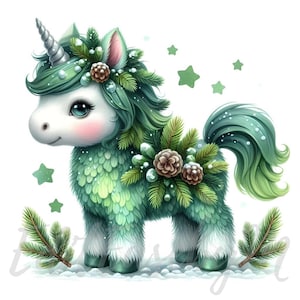 Clipart Licorne à feuilles persistantes | 10 fichiers JPEG 300 ppp de haute qualité à usage commercial, forêt d'hiver fantaisiste, clipart de bébé licorne mignon, décoration de Noël